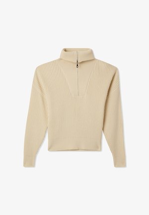 Maglione beige a coste con colletto alto e zip frontale a metà. Presenta un collo a V e maniche larghe. Texture morbida, vestibilità casual.