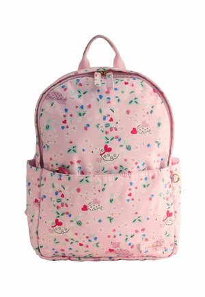 Lyserød børne-rygsæk med blomster-, hjerte- og kaninmønstre, lynlåslukning, frontlomme og bærehåndtag på toppen.