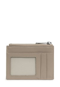 Portafoglio in pelle beige con finestra ID trasparente, due slot per carte e un scomparto per monete con zip superiore.