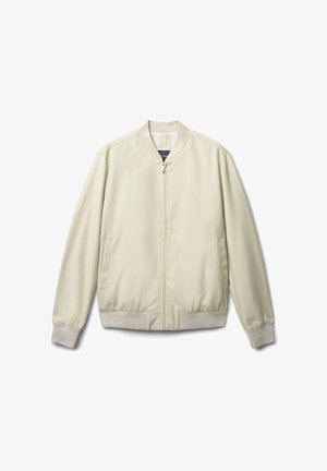 Helle beige Bomberjacke mit glatter Textur, gerippten Bündchen und Kragen, ausgestattet mit zwei Seitentaschen und einem Frontreißverschluss.