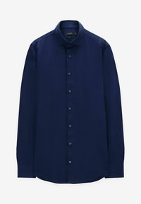 Granatowa koszula z długim rękawem, dopasowany krój, zapinana na guziki, gładki materiał, zaokrąglony dół i standardowy kołnierz z dopasowanymi guzikami.