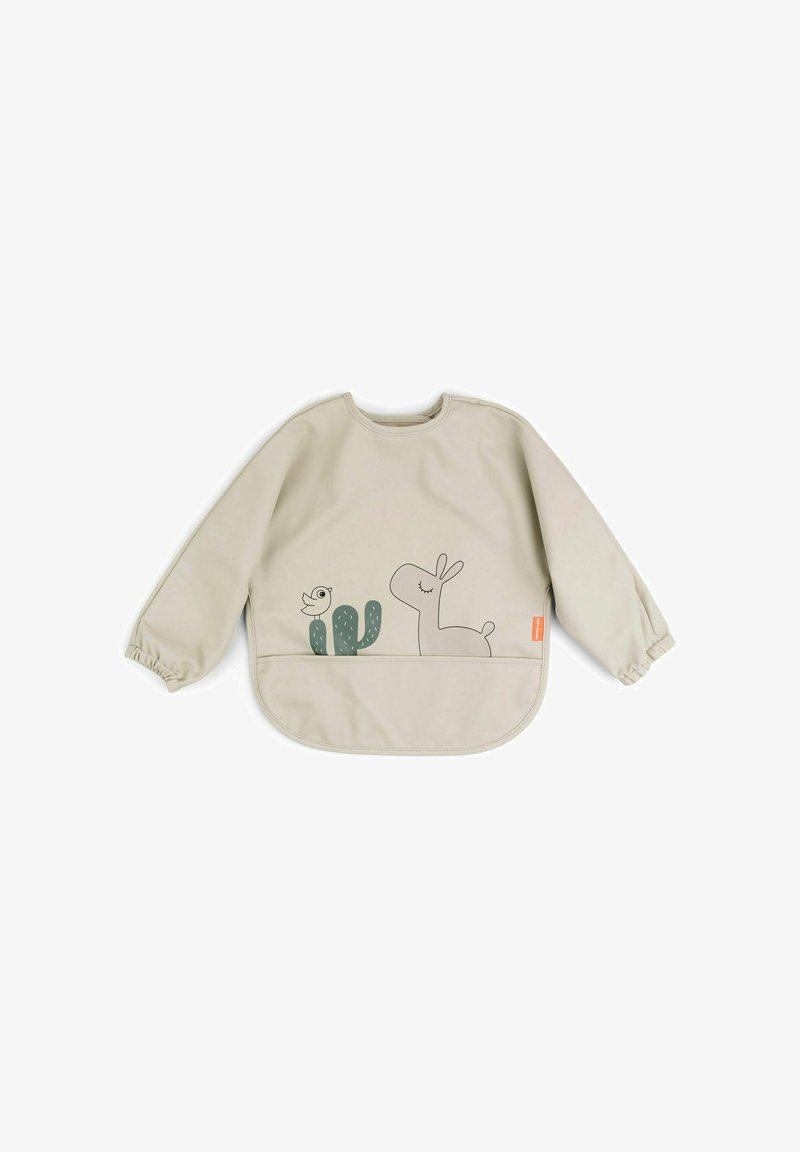 Bež dolg rokav s hlačnicami z elastičnimi manšetami. Na sprednji strani ima zelene kaktuse ter preproste linijske risbe ptice in lame.