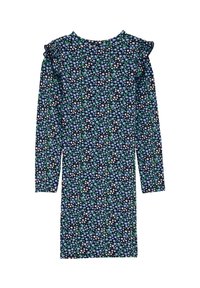 Dolga obleka temno modre barve s vsepovsod prisotnim cvetličnim vzorcem v modri, zeleni in bež barvi. Ima nabrane detajle na ramenskem delu.
