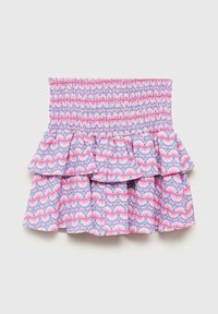 Fustă cu volănașe, în nuanțe de roz și albastru, cu un brâu elastic plisat, având un design cu scoici și straturi suprapuse pentru un aspect texturat.