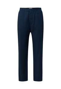 Pantalon bleu marine à jambes droites avec taille élastique et fausse braguette, fabriqué en tissu léger.