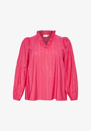 Fuchsiová ružová blúzka s výstrihom do V a volánkovým golierom, ktorá má dlhé, nabrúsené rukávy a vertikálnu pruhovanú textúru. Ľahký materiál.