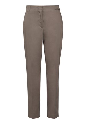 Tailored trousers in beige fabric, featuring a straight leg design, flat front, and two side pockets. Smooth texture with no visible patterns.