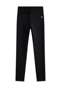 Leggings negros con una textura suave, cintura alta y una pequeña etiqueta con logo en la parte superior izquierda, diseñados para la comodidad y la flexibilidad.