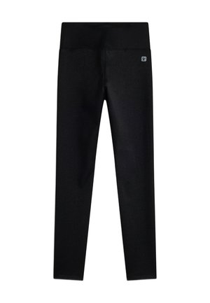 Leggings neri con una texture liscia, vita alta e un piccolo tag con logo sul lato sinistro superiore, progettati per comodità e flessibilità.
