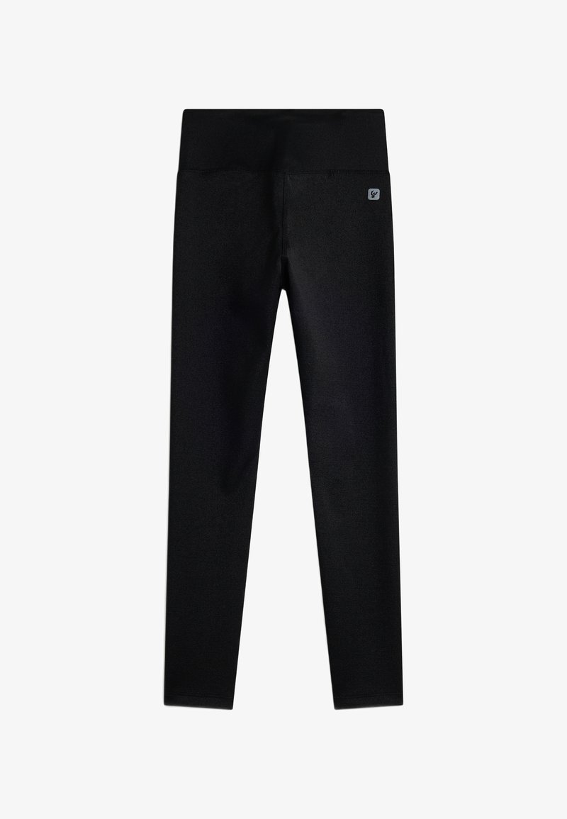 Leggings negros con una textura suave, cintura alta y una pequeña etiqueta con logo en la parte superior izquierda, diseñados para la comodidad y la flexibilidad.