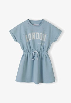 Világoskék pamutruha rövid raglán ujjakkal, húzott derékkal, zsinórral, és "LONDON" grafikai mintával az elején.