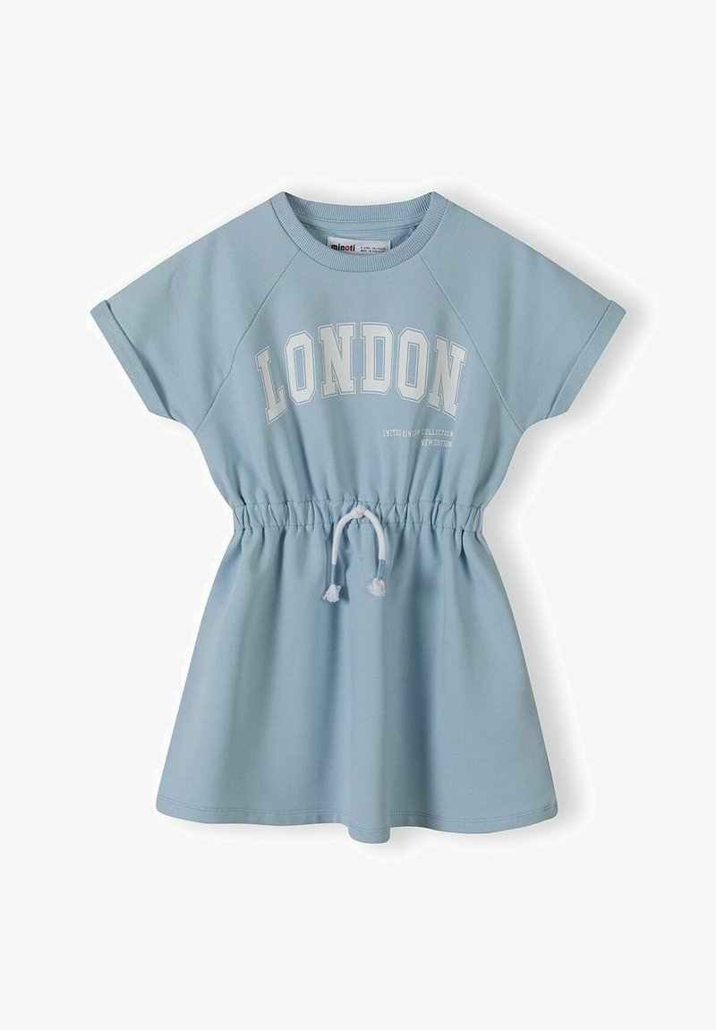Svijetloplava pamučna haljina s kratkim raglan rukavima, nabranim strukom s užetom i grafikom "LONDON" sprijeda.