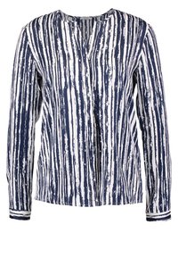 Blusa a maniche lunghe in blu navy e bianco con righe verticali. Presenta una scollatura a V e righe a contrasto sui polsini. Tessuto misto cotone.