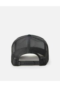 Black mesh cap with a structured design, adjustable plastic strap at the back, and a round button on the crown.