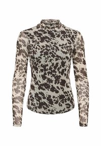 Kergest, läbipaistvast kangast pika varrukaga turtleneck-särgid, millel on pruun ja kreemjas loomade printimise muster. Sile tekstuur, keha lähedane disain.