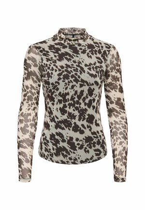 Long-sleeve turtleneck top in a lightweight, sheer fabric featuring a brown and cream animal print pattern. Smooth texture, fitted design.
