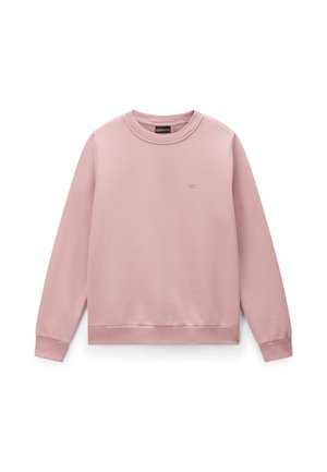 Bluza mauve z długim rękawem i okrągłym dekoltem, z małym haftowanym detalem flagi na górnej części klatki piersiowej oraz ściągaczami na mankietach i dole.