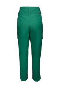 Pantaloni cargo verdi con una texture liscia, vita elastica e gambe affusolate con pannelli laterali scuri a contrasto.