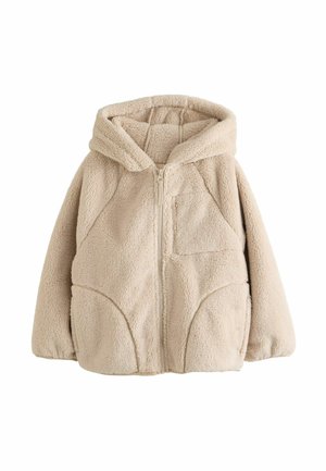 Beige Fleecejacke mit Kapuze, durchgehendem Reißverschluss vorne und zwei großen, geschwungenen Taschen an den Vorderseiten.