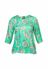 Türkisfarbene Langarmbluse mit rundem Ausschnitt und hellgrünen sowie dunkelblauen Paisley-Blumenmustern.