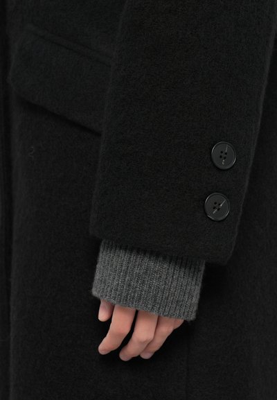 Main sortant de la manche d'un manteau en laine noir avec deux boutons noirs, poignet en laine grise tricotée visible en dessous.