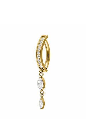 Gold hoop earring with seven small diamonds on the curve and two dangling marquise-cut clear gemstones.