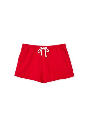 Shorts rouges en tissu doux, avec une taille élastique équipée d'un cordon blanc, deux poches latérales et une coupe droite.