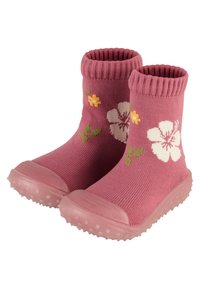 Rosa wasserdichte Stiefel mit einem gestrickten Obermaterial, das mit floralen Mustern in Weiß, Gelb und Grün verziert ist, sowie einer strukturierten Gummisohle.