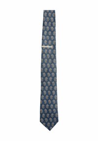 Navy blue silk tie featuring a repeating paisley pattern in cream and gold. Includes a silver tie bar for secure fastening.