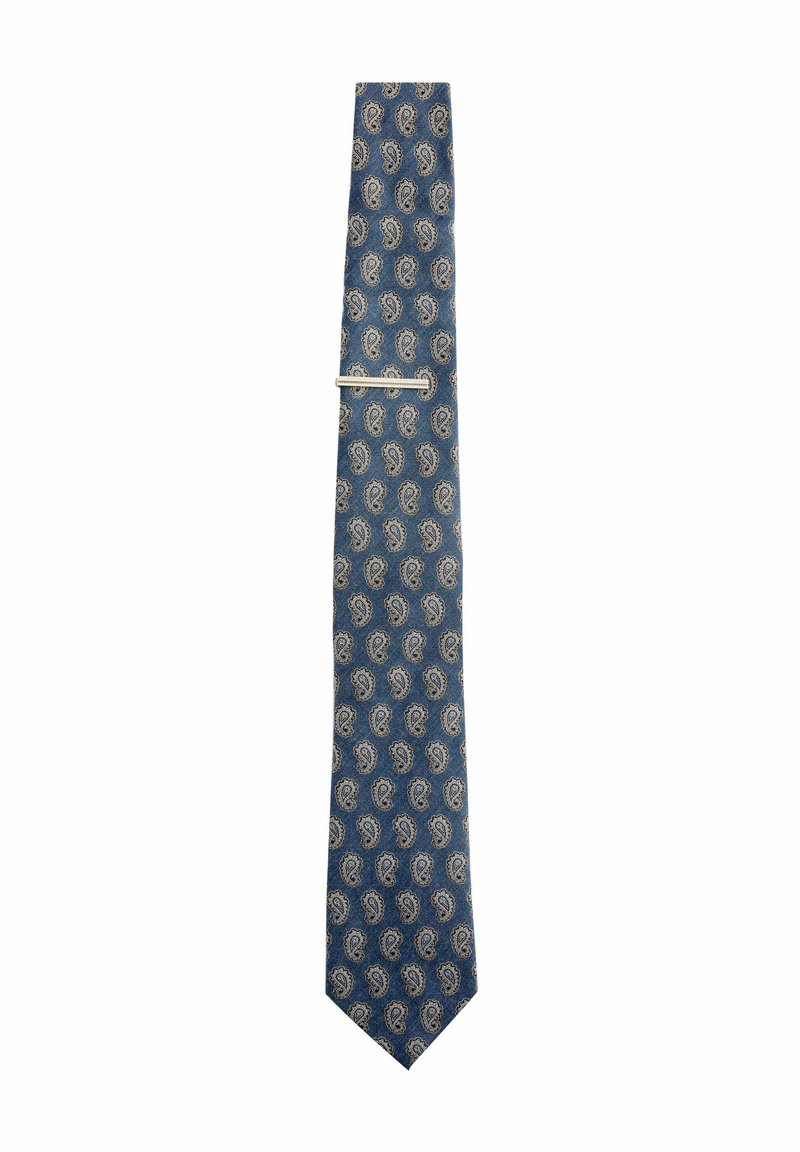 Navy blue silk tie featuring a repeating paisley pattern in cream and gold. Includes a silver tie bar for secure fastening.