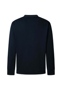 Námořnicky modrá mikina s dlouhým rukávem z měkké látky, s žebrovaným límcem a manžetami, čistého vzoru bez viditelných vzorů.