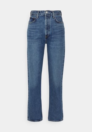 Blue high-waisted jeans made of denim, featuring a straight leg design, five-pocket style, and metallic button closure.