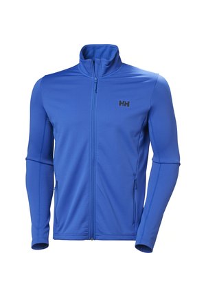 Blaues Zip-Up-Jacke aus leichtem Material mit strukturiertem Muster, hohem Kragen und schwarzem Logo auf der Brust. Verfügt über zwei Seitentaschen.