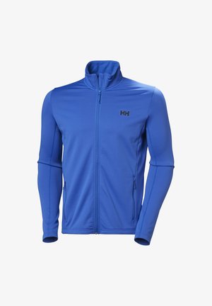 Blaues Zip-Up-Jacke aus leichtem Material mit strukturiertem Muster, hohem Kragen und schwarzem Logo auf der Brust. Verfügt über zwei Seitentaschen.
