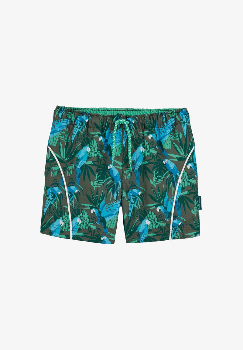Shorts de bain avec un motif de perroquet vert et bleu ainsi que du feuillage, fabriqués en tissu léger avec une ceinture élastique et un cordon de serrage.