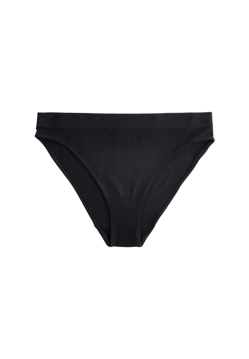 Culotte de bikini noire en tissu lisse, avec une ceinture taille moyenne et des bords sans coutures pour une silhouette élégante.