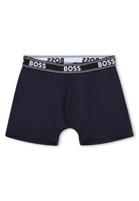 Μπλε ναυτικού χρώματος ανδρικά μποξεράκια από βαμβάκι με μαλακή ελαστική ζώνη μέσης που φέρει το κείμενο "BOSS" σε λευκό και μαύρο.
