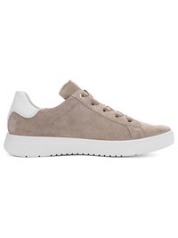 Light brown suede sneaker with white rubber sole and white heel tab, lace-up design, and minimal stitching details, shown in side profile.