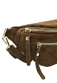 Le sac en suede brun présente une texture lisse, des doubles zips dorés et une bandoulière réglable avec des détails à pression. Design compact et angulaire.