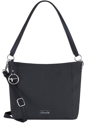 Borsa a spalla nera realizzata in materiale sintetico liscio, con una singola tracolla e un accento circolare argentato sul lato.