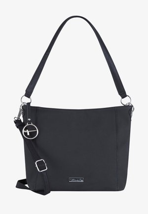 Borsa a spalla nera realizzata in materiale sintetico liscio, con una singola tracolla e un accento circolare argentato sul lato.