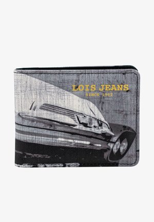Cartera en negro y gris con un gráfico de un coche clásico. El material parece texturizado, con "LOIS JEANS" y "SINCE 1962" impresos en amarillo.