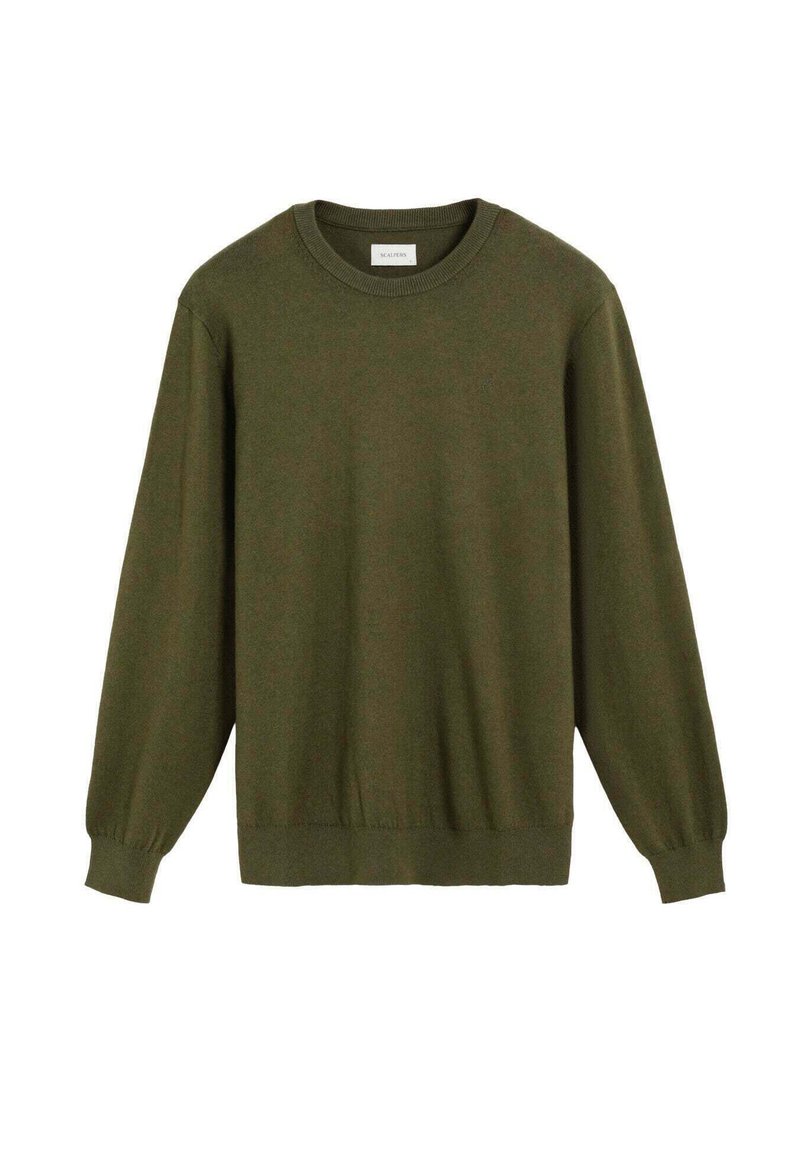 Suéter verde oliva hecho de tela suave, con escote redondo, mangas largas, puños acanalados y un dobladillo recto. Diseño sencillo sin patrones.