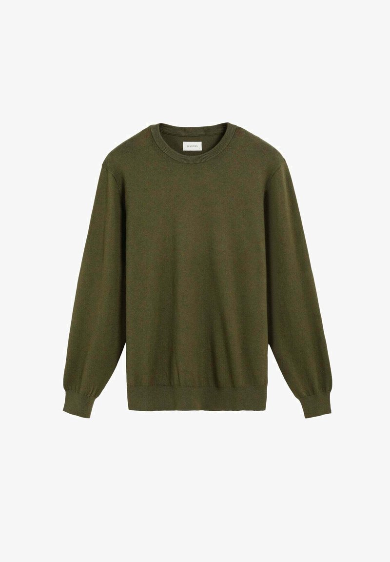 Suéter verde oliva hecho de tela suave, con escote redondo, mangas largas, puños acanalados y un dobladillo recto. Diseño sencillo sin patrones.