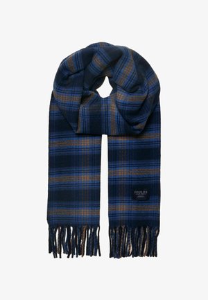 Blauer und brauner kariertes Wollschal mit fransigen Enden und einem kleinen schwarzen Etikett mit der Aufschrift "Joules" nahe einer Kante.