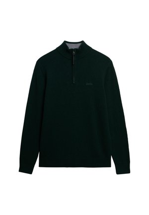 Suéter de color verde oscuro con cuello alto y cierre de cremallera. Fabricado con tejido suave, presenta un sutil logo de la marca en el pecho.