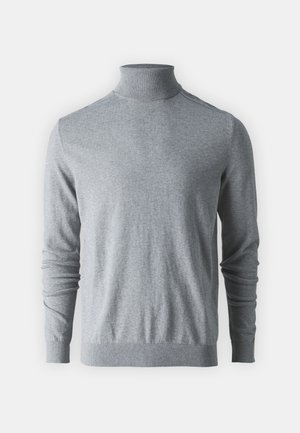 Siva pulover s turtleneck ovratnikom, izdelan iz mehkega in tanke pletene tkanine. Ima dolge rokave, rebraste manšete in rob, ter poenostavljeno, prilegajočo silhueto.