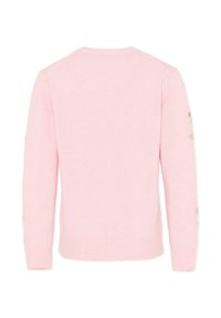 Jasnoróżowy sweter z długimi rękawami, ściągaczami przy mankietach i dolnej krawędzi, z złotymi akcentami na rękawach. Miękka tkanina o gładkiej fakturze.