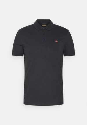 Dark navy polo shirt made of cotton, featuring a classic collar, three-button placket, short sleeves, and a small embroidered logo.
