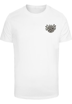 Valge puuvillane t-särgi lühikeste varrukatega. Vasakul rinna piirkonnas on must graafiline trükk, mis kujutab abstraktseid disainielemente.